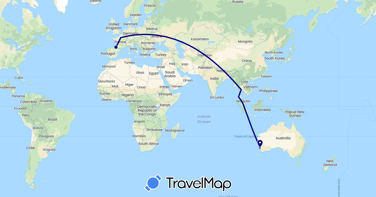 TravelMap itinerary: driving in Australia, France, Malaysia, Thailand (Asia, Europe, Oceania)